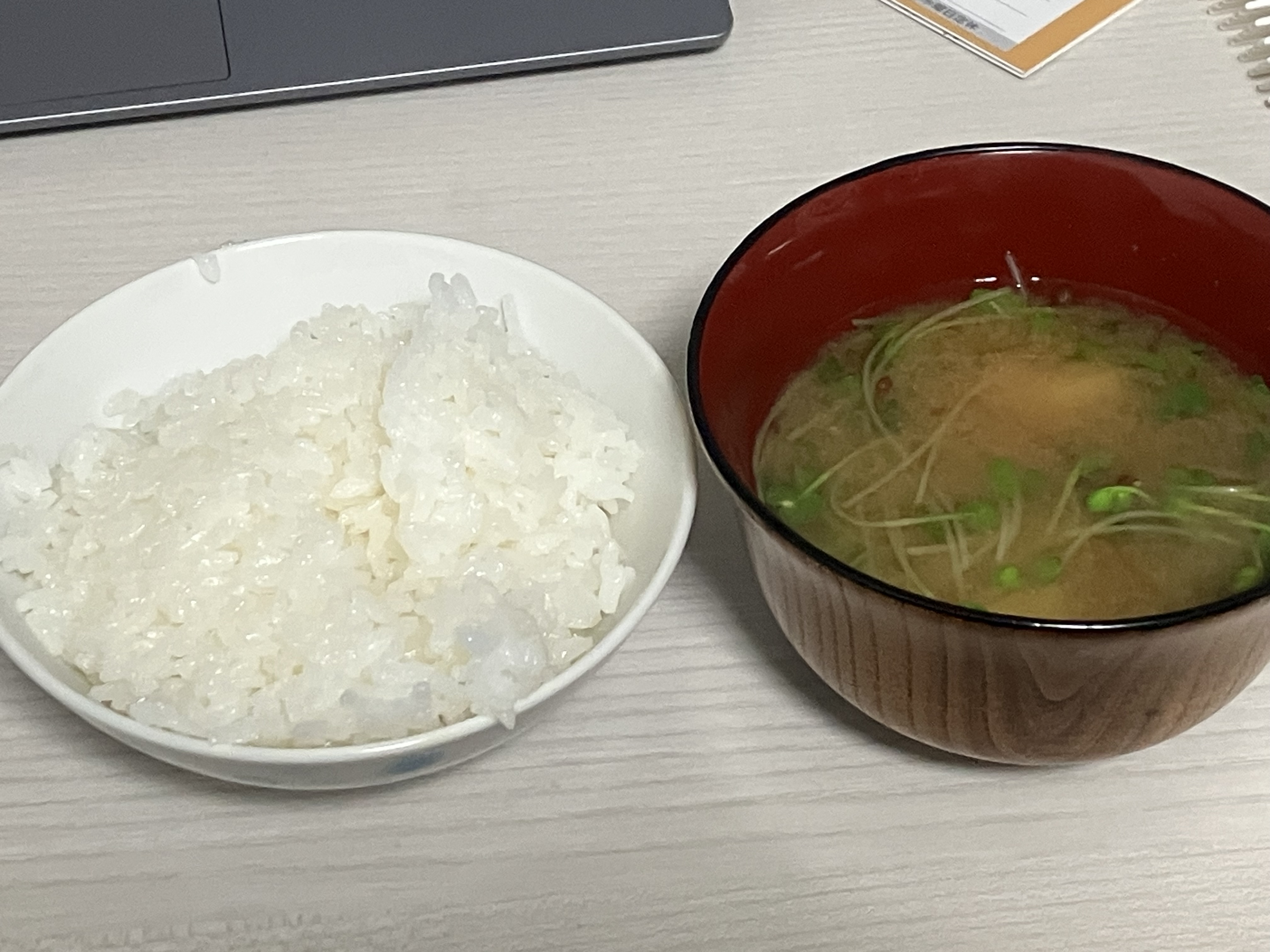 ご飯と味噌汁。味噌汁にはカイワレが入っている